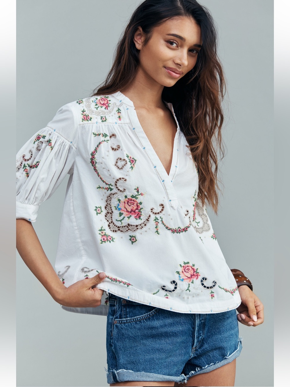 Anthropologie: Embroidered Darcey Popover Swing Top